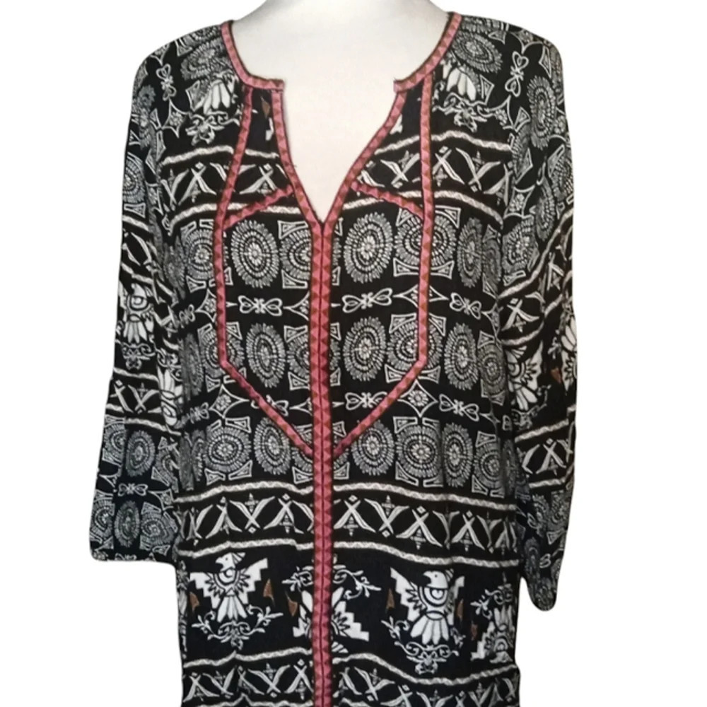 Ali Miles Southwestern Print Embroidered Split V Neck Tunic Top Size Large - Picture 2 of 9